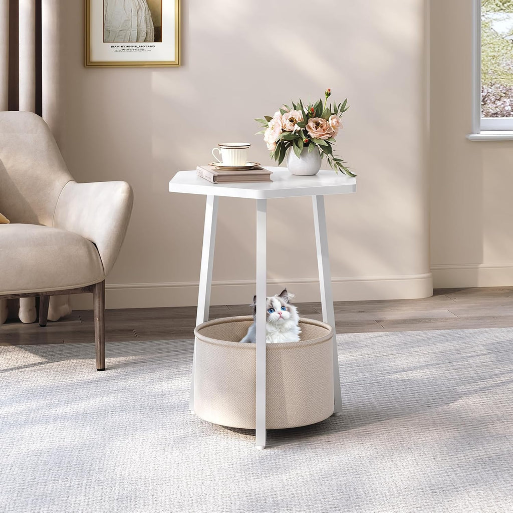 MAHANCRIS Small Side Table, Round End Table with Storage Basket, Modern Nightstand for Small Space, Hexagonal Bedside Table, Couch Side Table for Living Room, Bedroom, White ETWT9901
