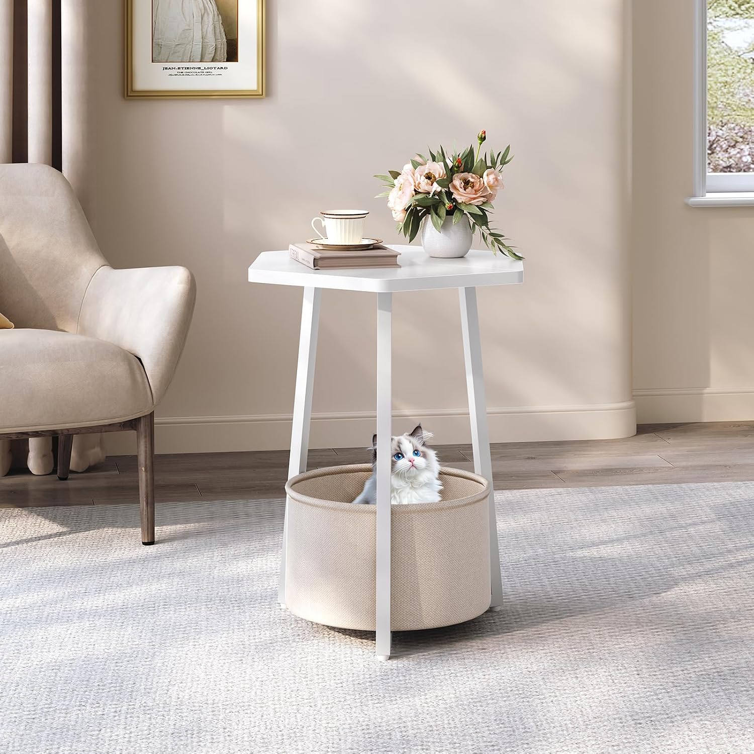 MAHANCRIS Small Side Table, Round End Table with Storage Basket, Modern Nightstand for Small Space, Hexagonal Bedside Table, Couch Side Table for Living Room, Bedroom, White ETWT9901