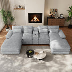 132" U Shaped Cloud Couch Sectional,Fluffy Plush 4 Seat Corduroy Sectional Couches for Living Room,Comfy Corduroy Sofa with Double Chaise Lounge, Storage Console, Cup Holders, USB Port（Grey）