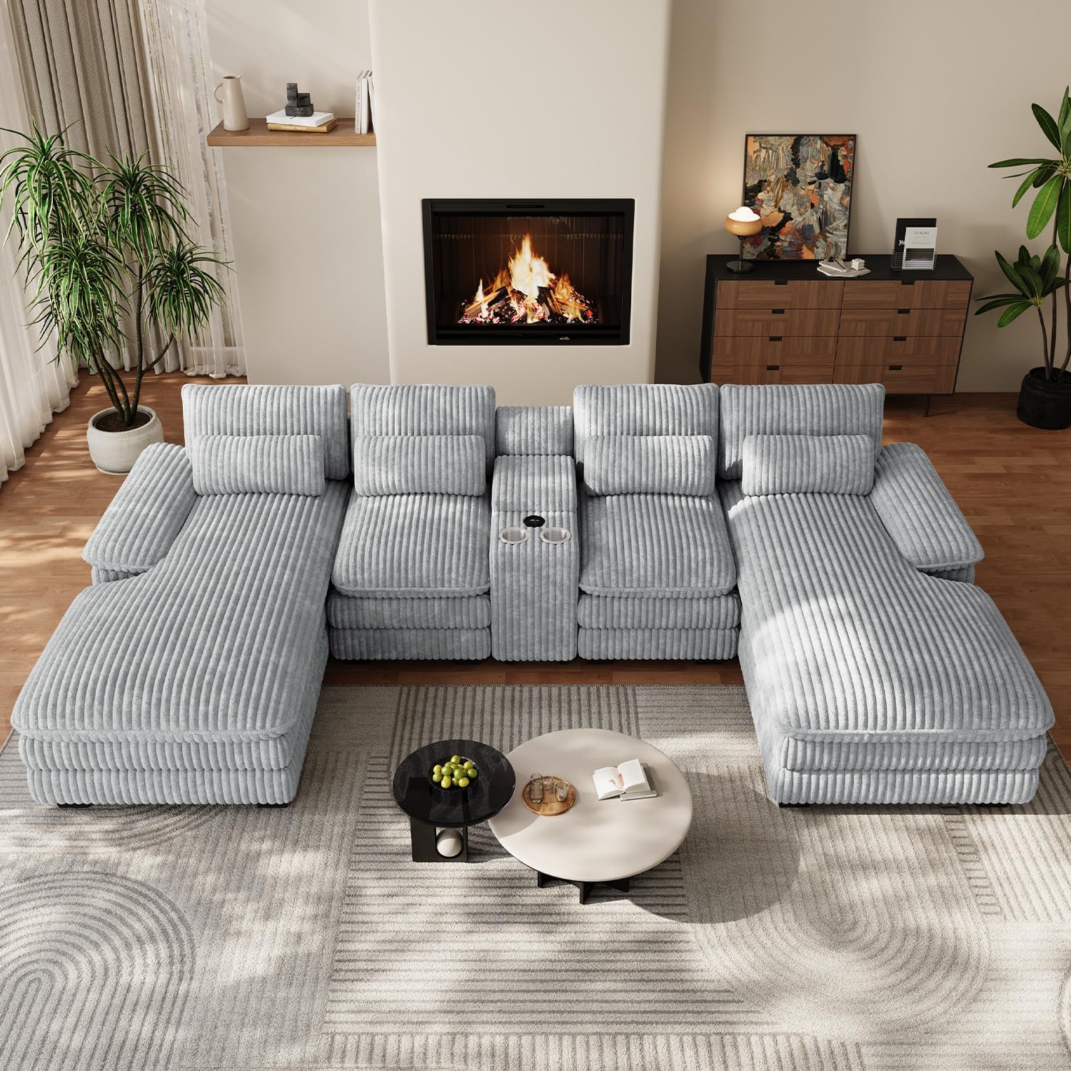132" U Shaped Cloud Couch Sectional,Fluffy Plush 4 Seat Corduroy Sectional Couches for Living Room,Comfy Corduroy Sofa with Double Chaise Lounge, Storage Console, Cup Holders, USB Port（Grey）
