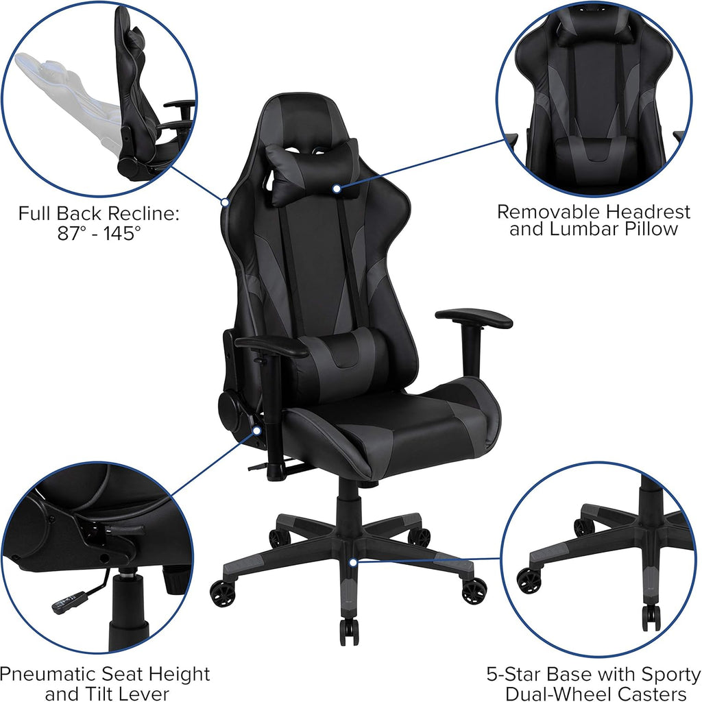 Flash Furniture X20 Gaming Chair Racing Office Ergonomic Computer PC Adjustable Swivel Chair with Fully Reclining Back in Gray LeatherSoft