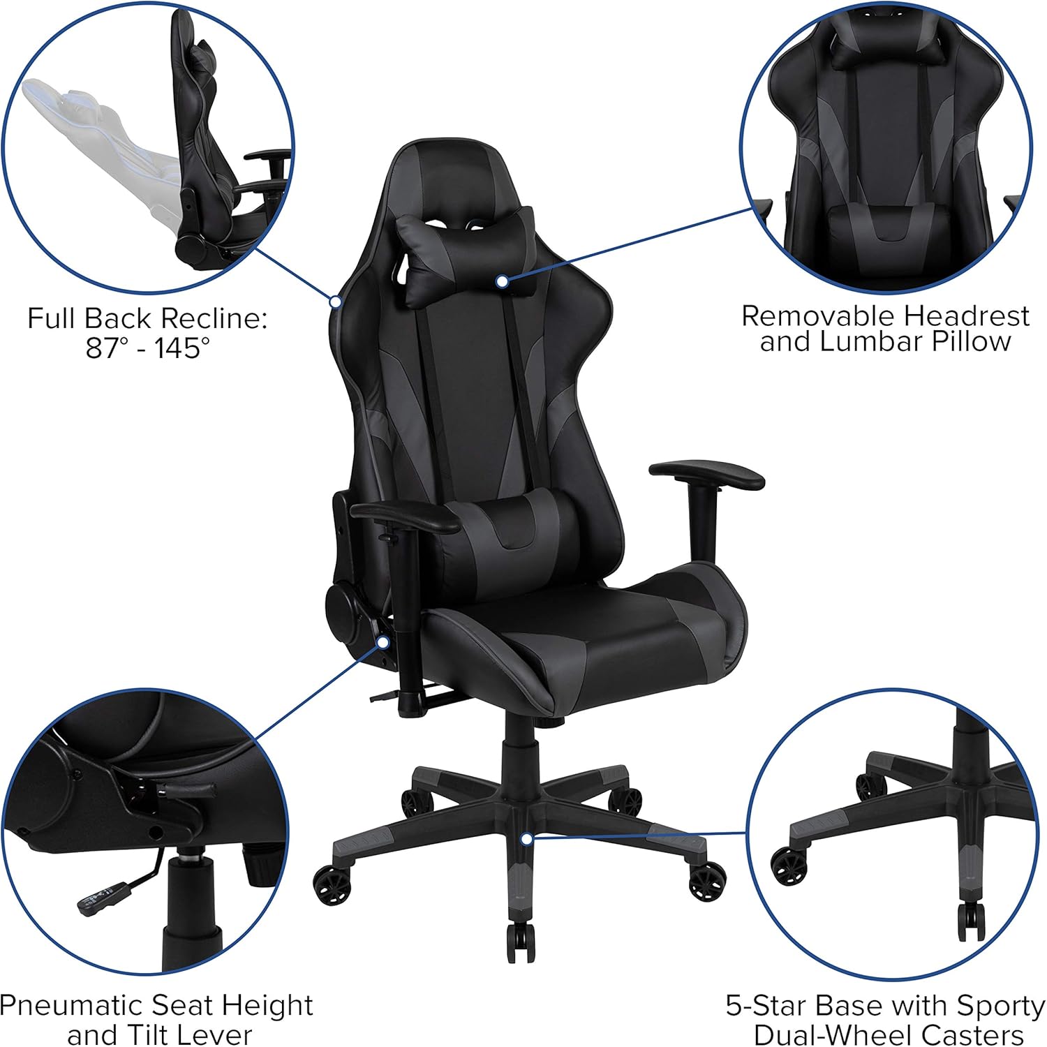 Flash Furniture X20 Gaming Chair Racing Office Ergonomic Computer PC Adjustable Swivel Chair with Fully Reclining Back in Gray LeatherSoft