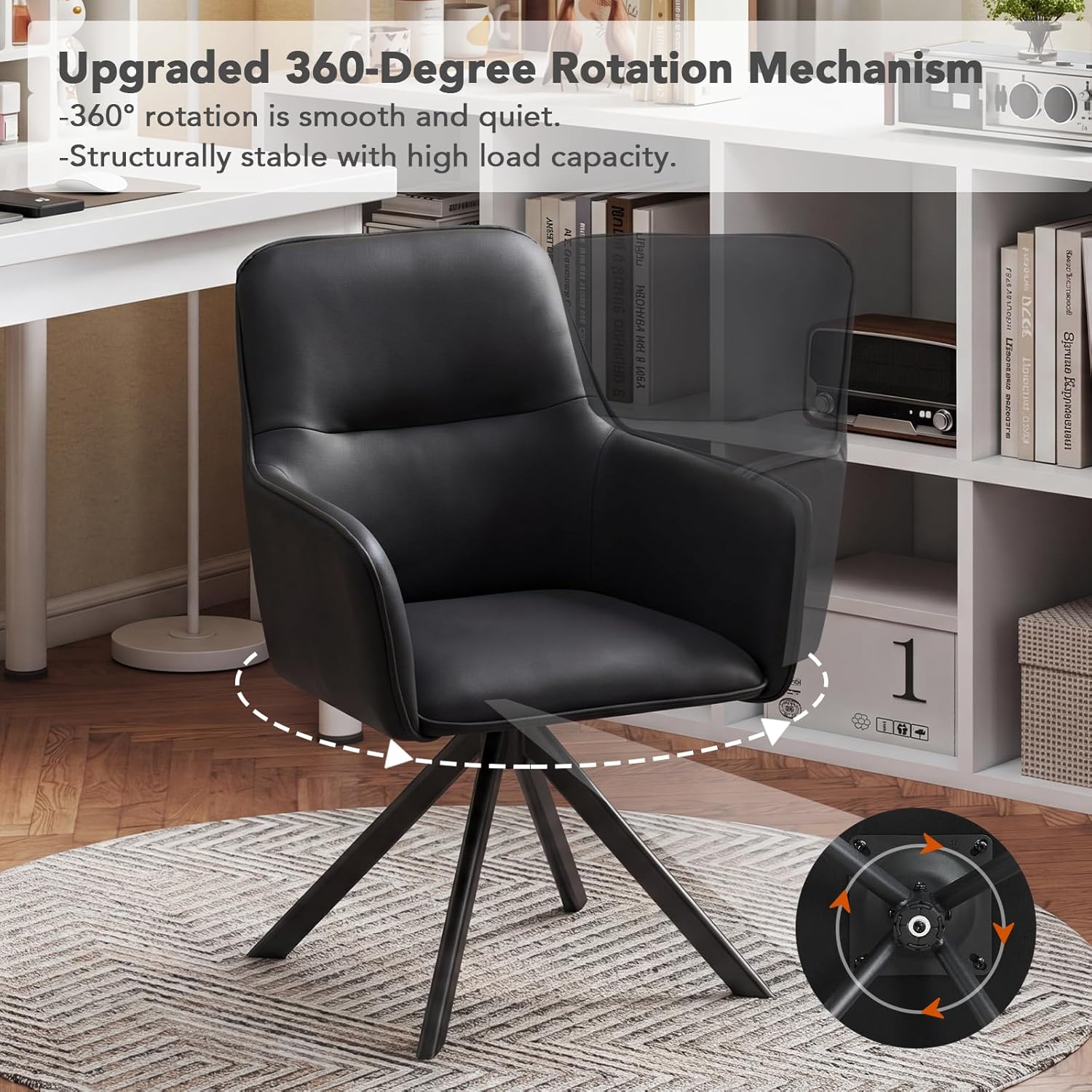 Furniliving Modern Swivel Dining Chairs Set of 2, Upholstered Dining Room Chairs with Thicken Cushion, 360°Swivel Dining Chairs with Metal Legs for Dining Room, Kitchen, Bedroom, PU, Black