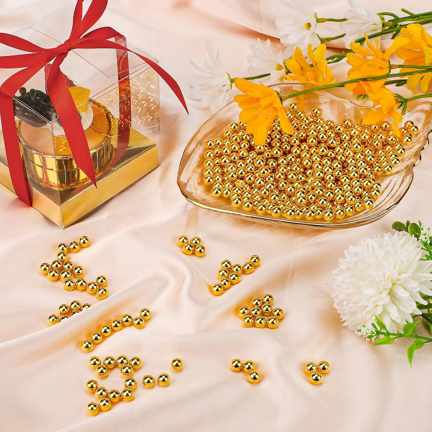 Suream 1300PCS Pearl Beads for Centerpieces, 8mm/0.31in No Hole Artificial Beads for Vase Filler, Jewelry Making, Table Scatter, Wedding Decoration, Makeup Holder, DIY Craft Projects, Gold Plated