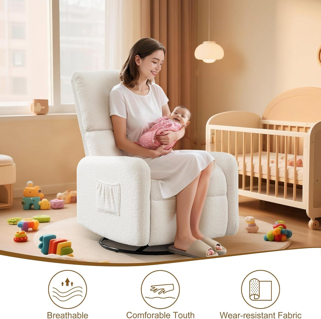 Korser 360° Rocking Chair, Nursery Rocker Chair with Side Pockets, Glider Nursing Chair with Steel Structure Base, Small Chair for Small Spaces, Sherpa Swivel Accent Chairs for Living Room, Nursing