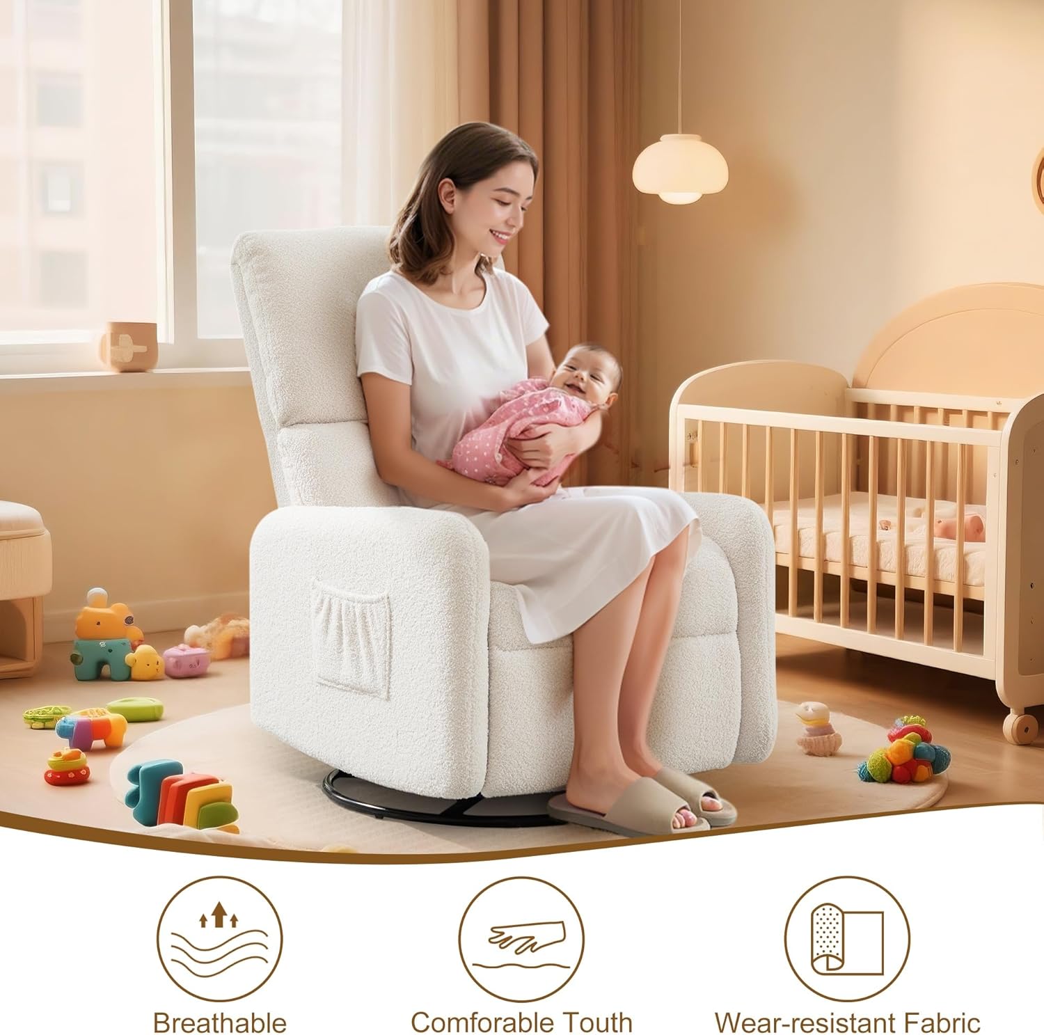 Korser 360° Rocking Chair, Nursery Rocker Chair with Side Pockets, Glider Nursing Chair with Steel Structure Base, Small Chair for Small Spaces, Sherpa Swivel Accent Chairs for Living Room, Nursing