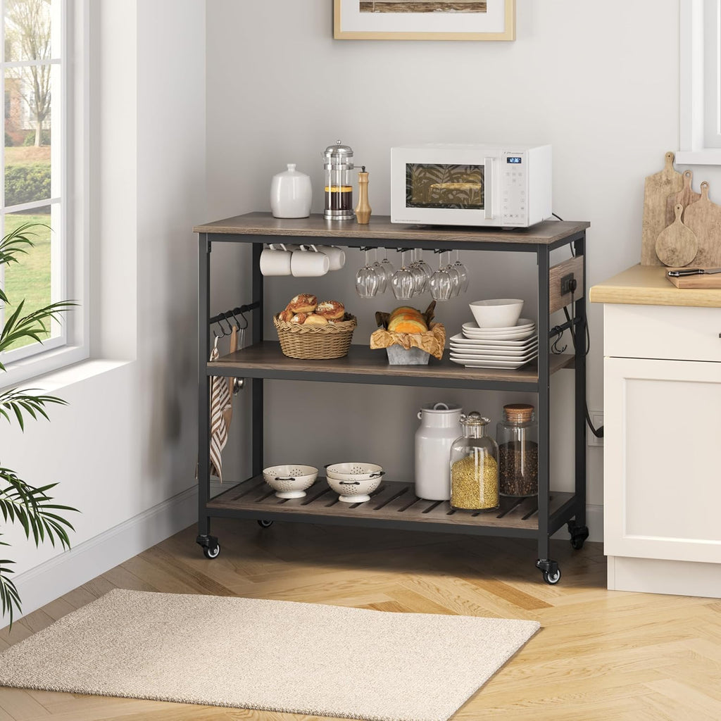 Yaheetech Kitchen Island Cart with Power Outlet, Kitchen Carts on Wheels with Storage, 3-Tier Microwave Stand with Foodpads, Glass and Mug Holders, 8 Hooks, Taupe Wood