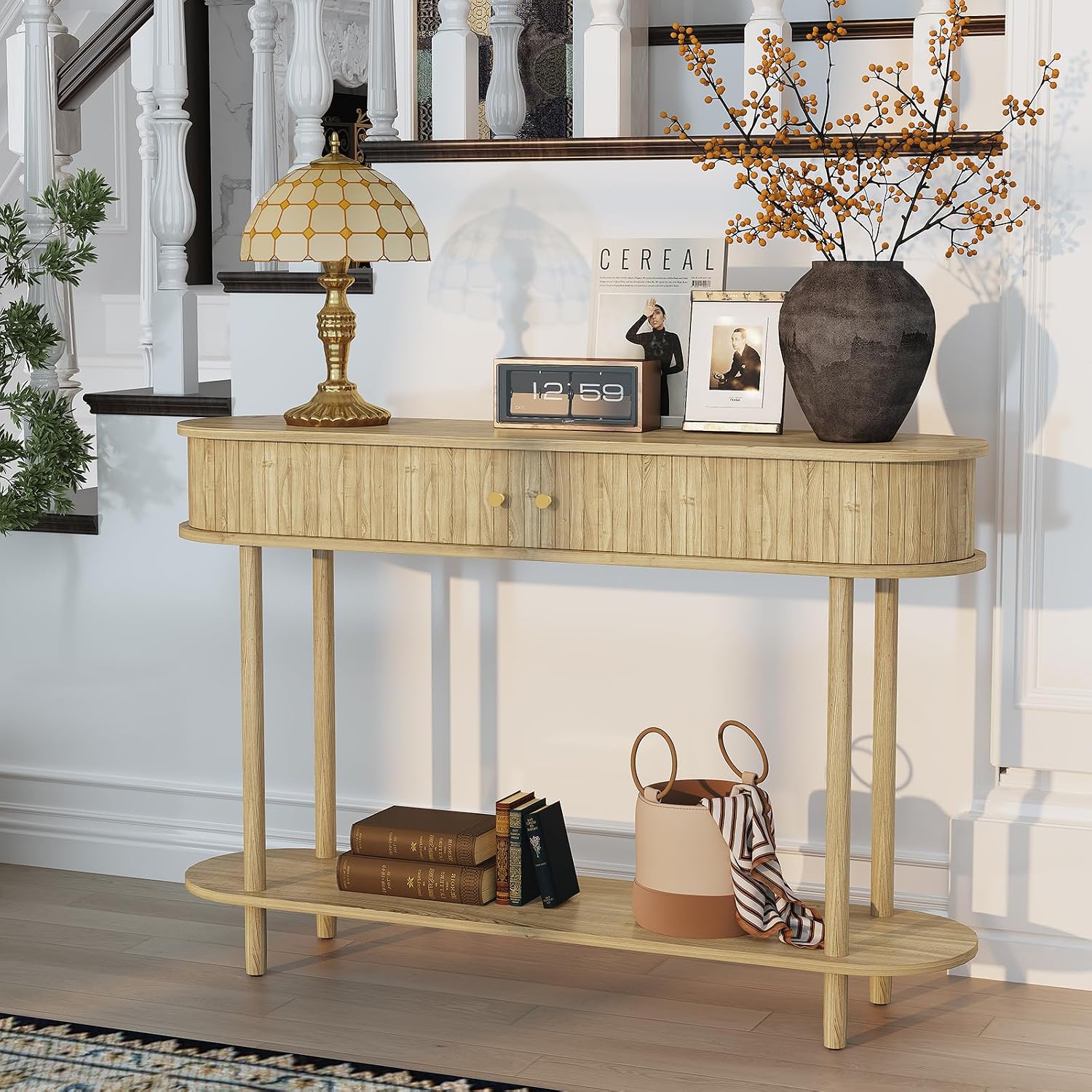 ARTPOWER 47.2" Modern Entryway Table with Wood Tambour Door, Accent Behind Couch Sofa Console Table with Storage, Fluted Side Table for Hallway, Living Room, Foyer, Natural Wood