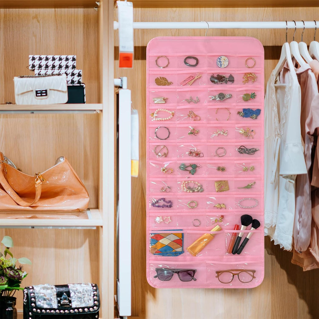 Bloss Pinck Hanging Jewelry Organizer With 90 Pockets for Closet, Earring Holder Organizer Storage, Over The Door Jewelry Organizer, Double-Sided Jewelry Holder for Earrings,Necklaces,Rings