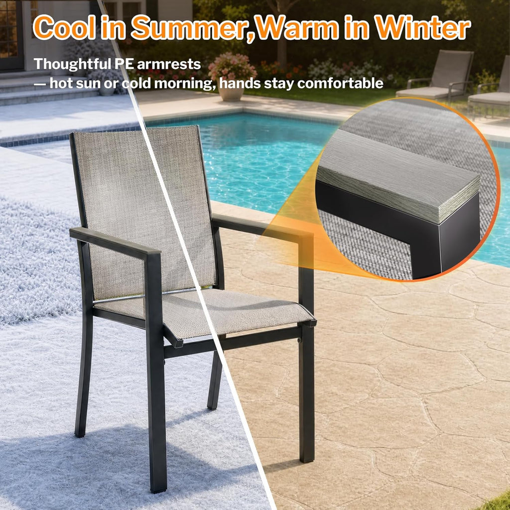 MEOOEM Highback Outdoor Chairs Set of 2, Comfortable Wide Deep Seat Grey Patio Chairs w/Armrests & Metal Frame, Sturdy Durable Heavy Duty Outdoor Armchairs 450LBS for Outside, Backyard, Lawn, Gray