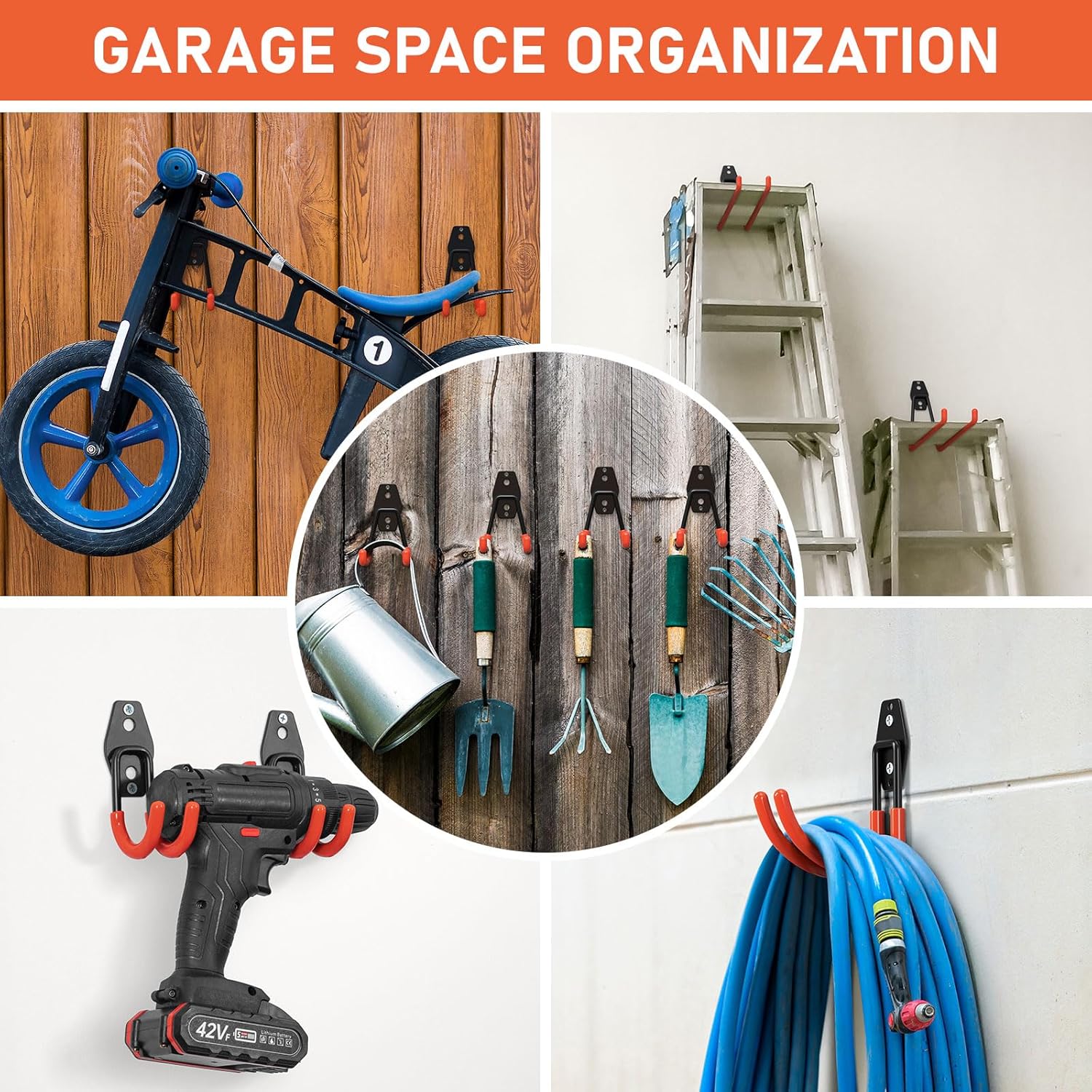 Heavy Duty Wall Mount Garage Hooks, 42-Pack | Hanging Storage for Bikes, Ladders, Hoses, Ropes, Garden Tools - For Warehouse, Workshop, Shed, Shop, Yard