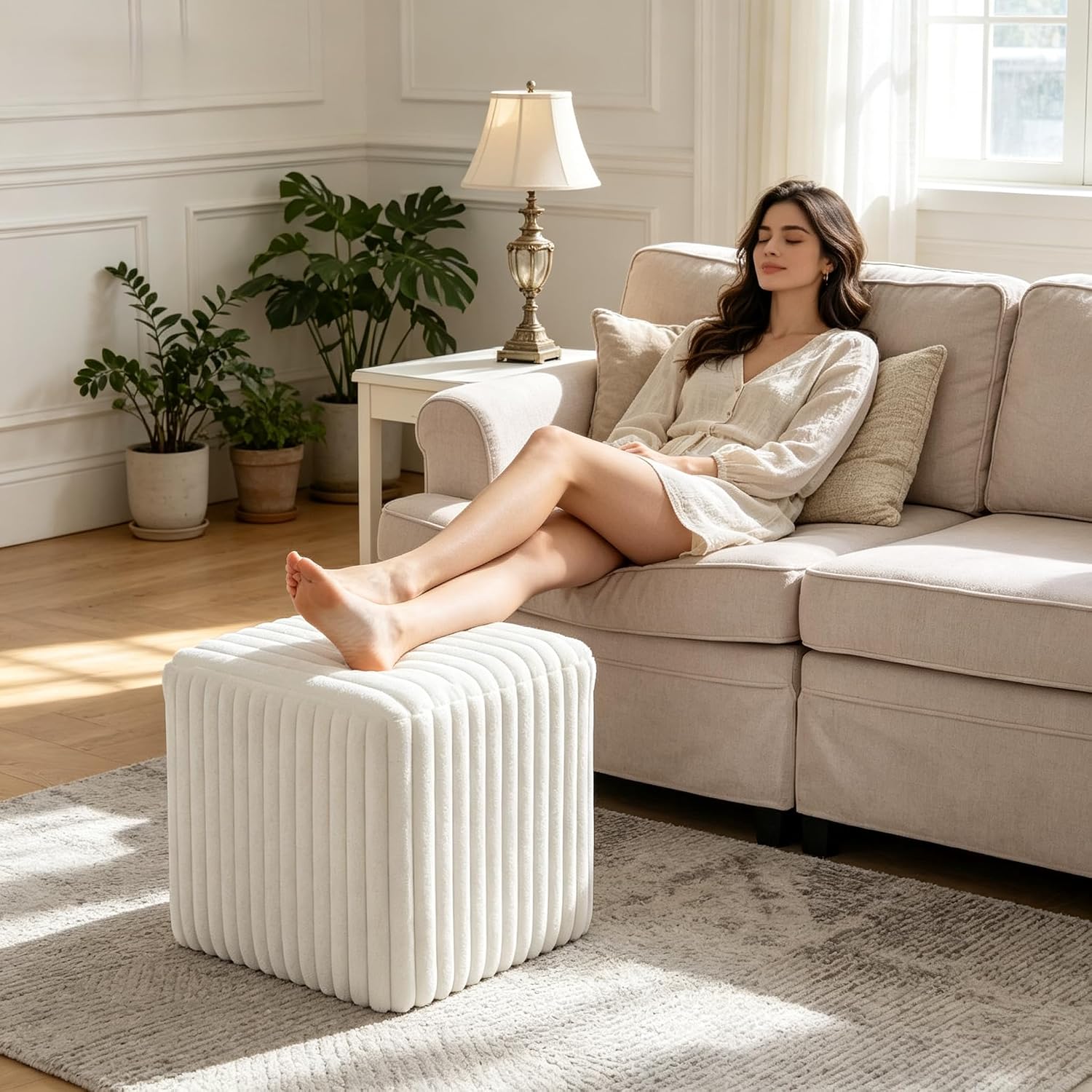 YDcosyfy Modern Square Ottoman, Vertical Channel Tufted Foot Stool Ottoman, Velvet Upholstered Vanity Stool for Makeup, Bedroom, Living Room, White