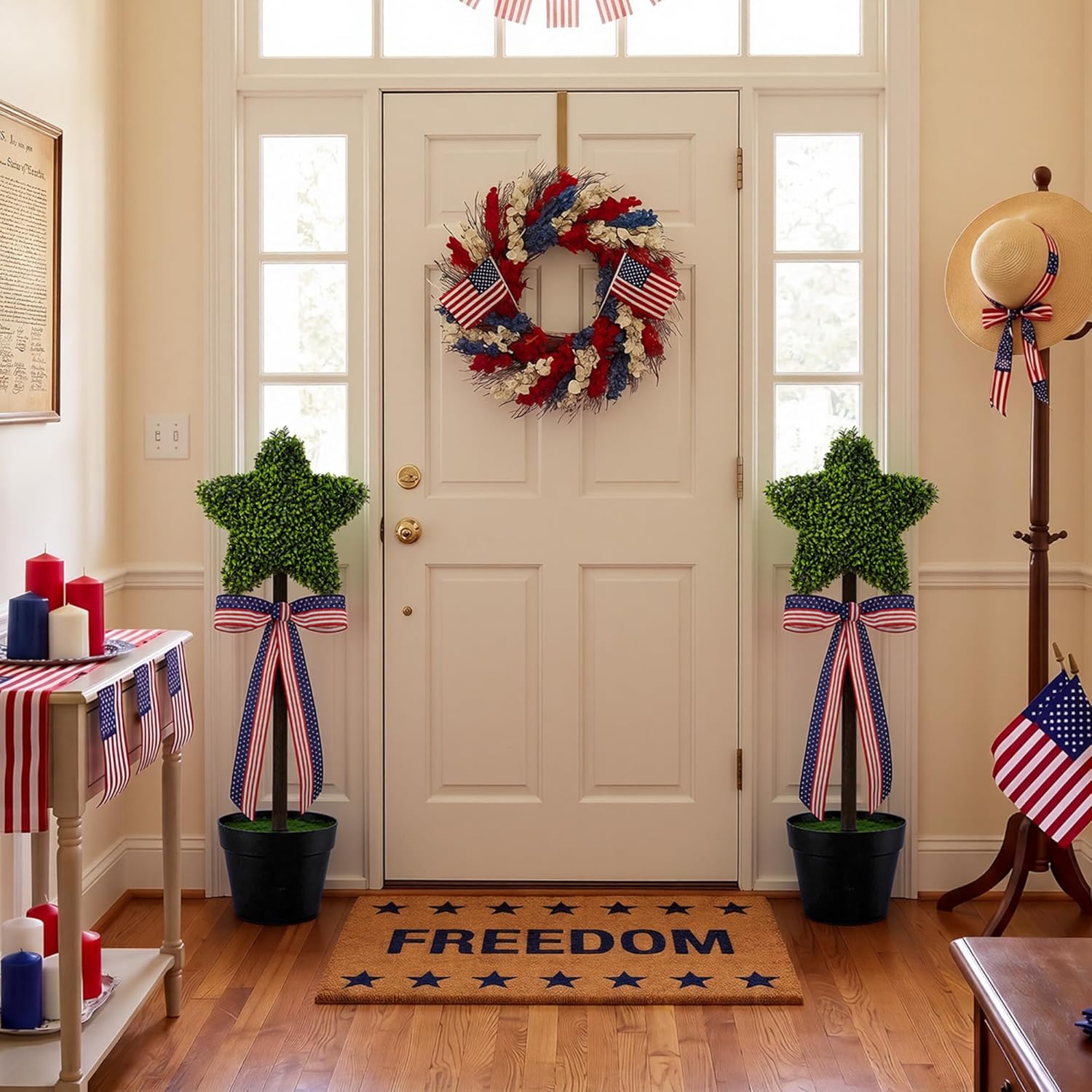 2 Pack Patriotic Star Topiary Tree 21.6"-32.6'' Large Star Shaped Artificial Plant Decor for Indoor and Outdoor Patriotic 4th of July Memorial Day Garden Porch Yard Decorations