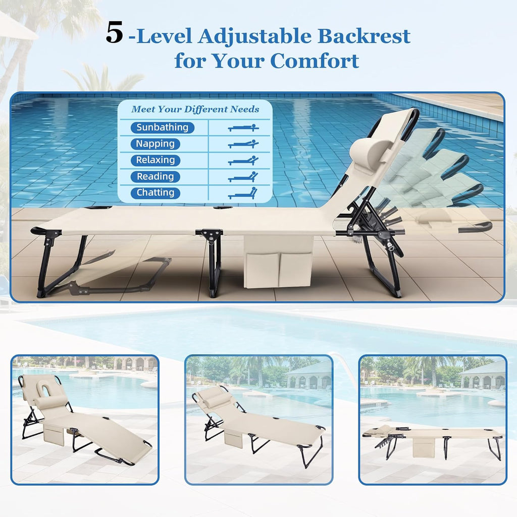 3-in-1 Sun Tanning Chair with Face Holes, Folding Chaise Lounge Chairs, 5-Position Adjustable Lounge Chair Outdoor with 2 Side Pocket & Pillow, for Pool Beach, Patio, Camping, Beige