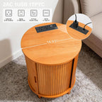 DHH Round End Table with Storage & Charging Station, Fluted Accent Side Table with Sliding Door & Adjustable Shelf, Mid-Century Nightstand for Small Spaces, Living Room, Bedroom (1, Yellow Walnut)