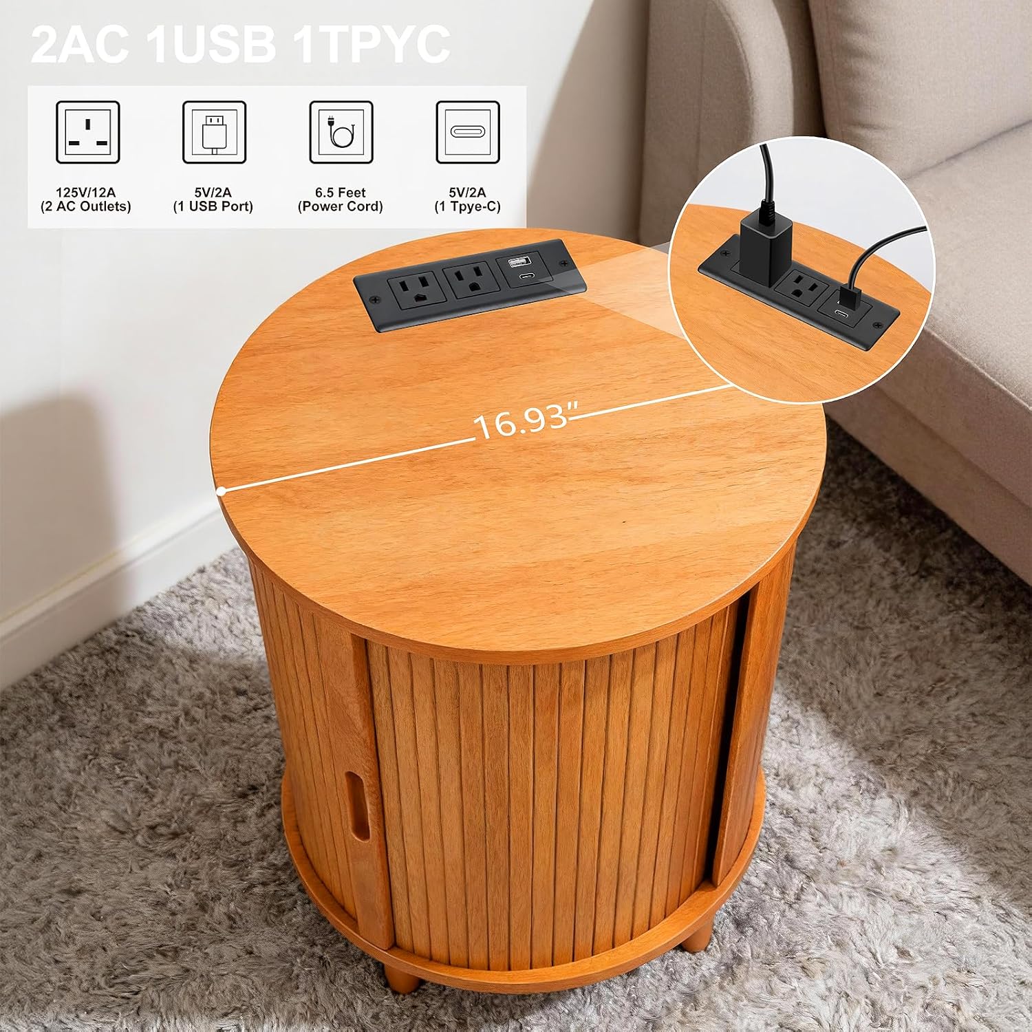 DHH Round End Table with Storage & Charging Station, Fluted Accent Side Table with Sliding Door & Adjustable Shelf, Mid-Century Nightstand for Small Spaces, Living Room, Bedroom (1, Yellow Walnut)