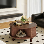 Small Round Coffee Table with Storage, 31.5" Mid Century Modern Coffee Tables with 180° Sliding Cabinet Door, Fluted Circle Drum Center Table for Living Room Small Space, Walnut
