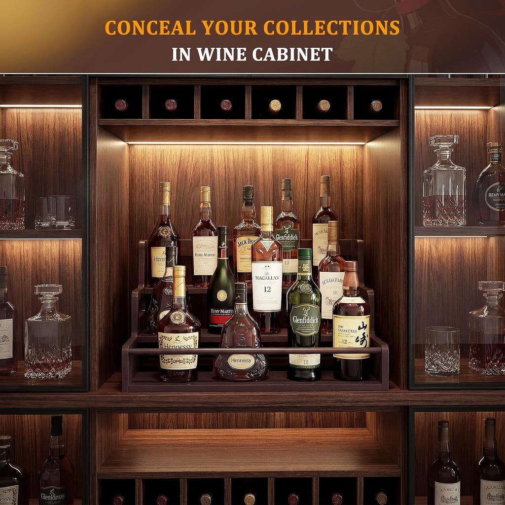 Bamboo Liquor Bottle Display Shelf, 3 Tier Coffee Syrup Rack Organizer, Countertop Liquor Stand for Home Bar, Dark Brown