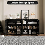 Rophefx Fluted Sideboard Cabinet, 63" Buffet Cabinet with Storage, Credenza Storage Cabinets with Adjustable Shelf, Wood Entryway Cabinets with Pop-up Doors for Living Room, Entryway, Black Grey