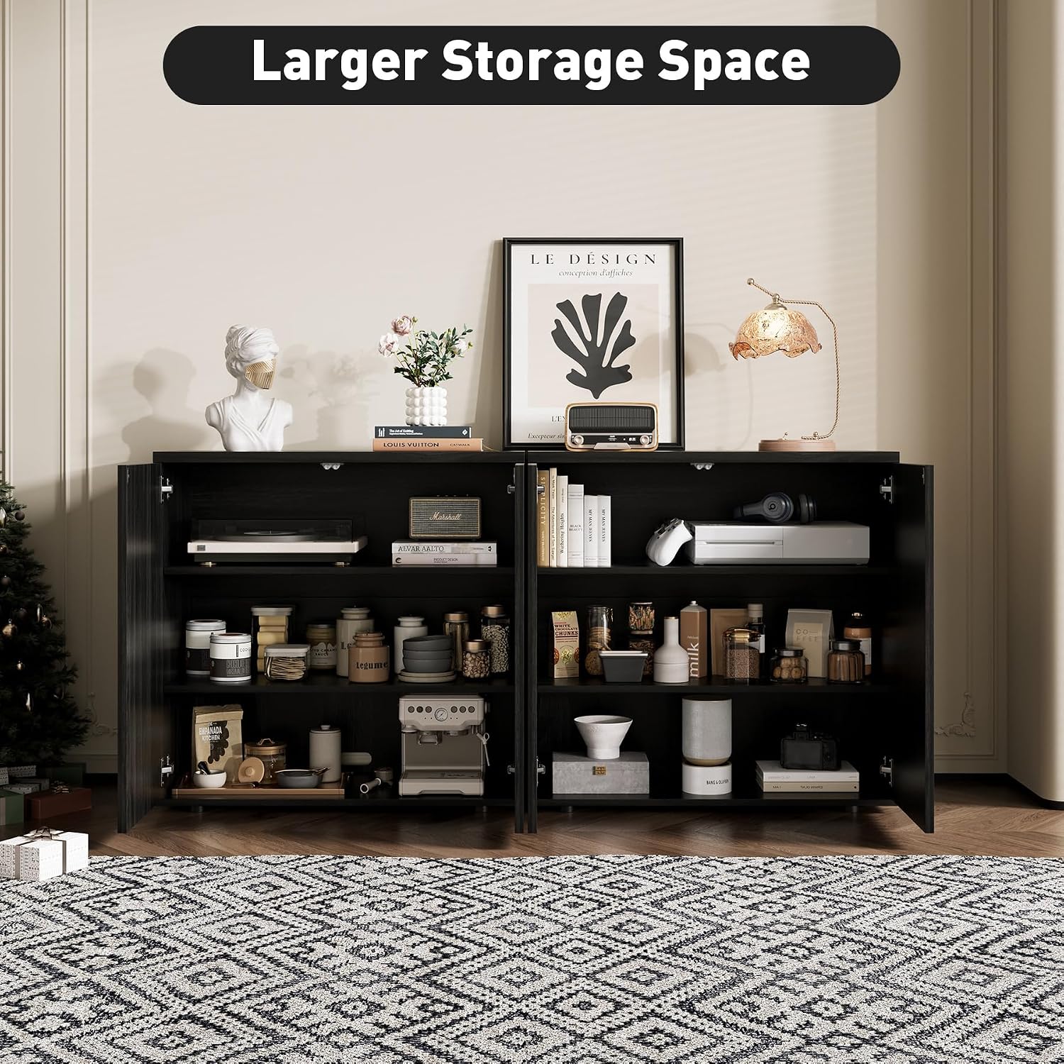 Rophefx Fluted Sideboard Cabinet, 63" Buffet Cabinet with Storage, Credenza Storage Cabinets with Adjustable Shelf, Wood Entryway Cabinets with Pop-up Doors for Living Room, Entryway, Black Grey