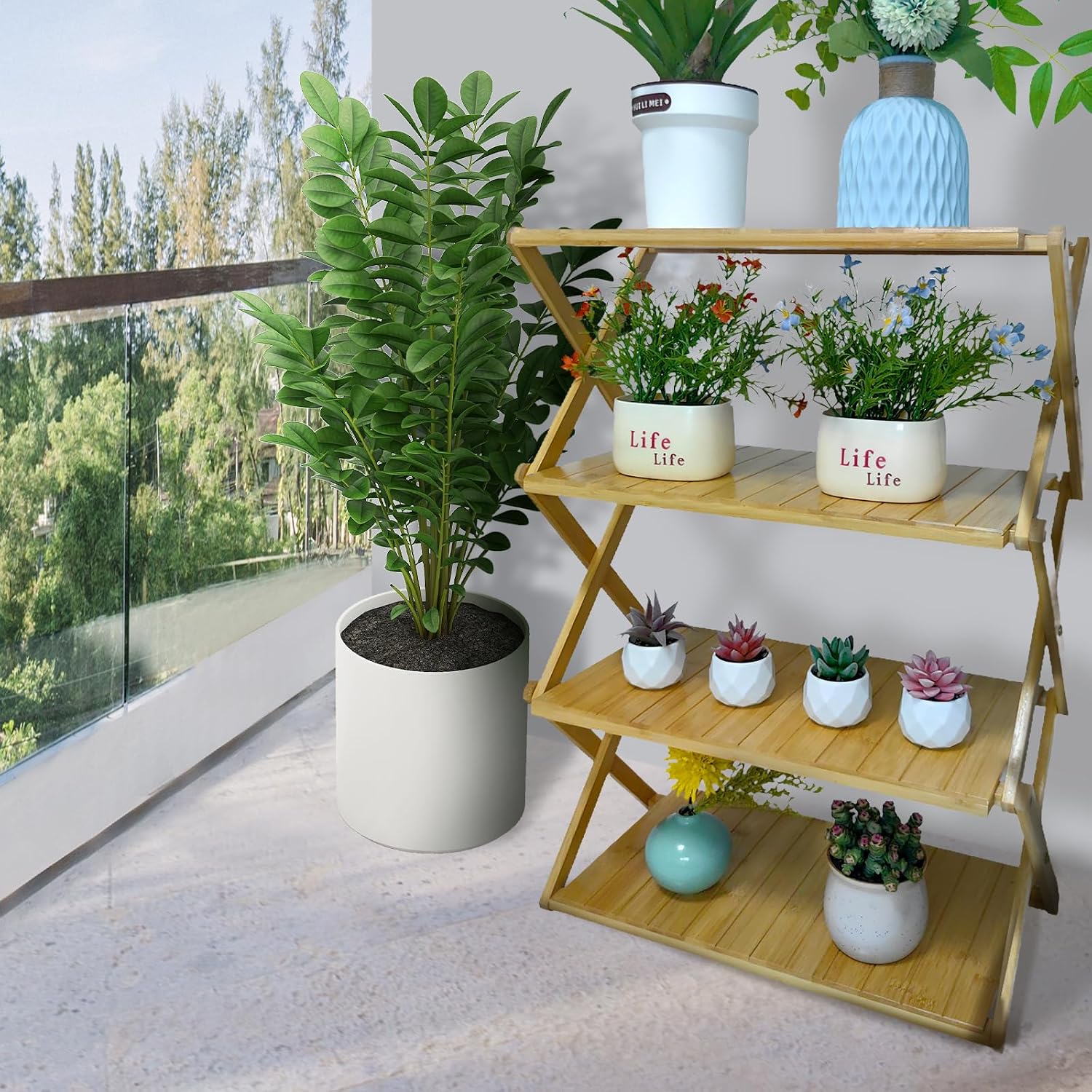 Foldable Bamboo Shelf, Folding Shoe Rack, Flower Rack, Camping Rack, No Installation Required, Portable, Space Saving, Multi-Purpose Storage Rack (Natural, 4 Tiers)
