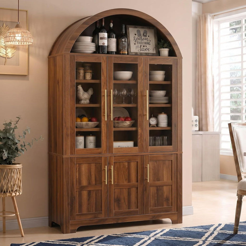 Merax 73" Tall Arched Kitchen Pantry Cabinet, Farmhouse Storage Cabinet with 3 Glass Doors, Adjustable Shelves & Door Racks, Tall Cupboard for Dining Room, Bathroom