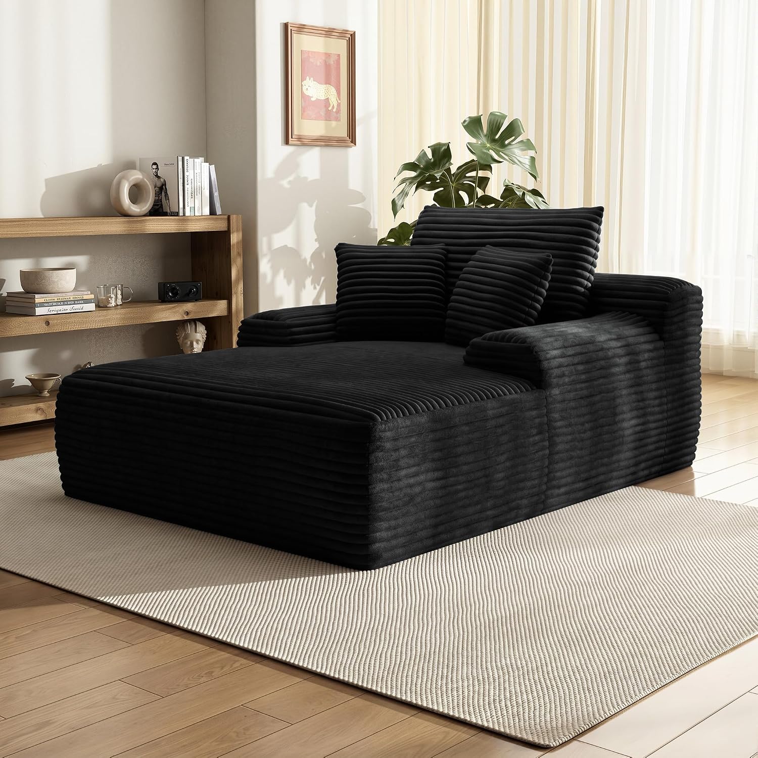 65'' Chaise Lounge Chair Indoor, Black Corduroy Sofa Bed, Boneless Lounge Chair, Oversized Sleeper Sofa, Black Corduroy Cloud Couch Reading Chair for Living Room No Assembly