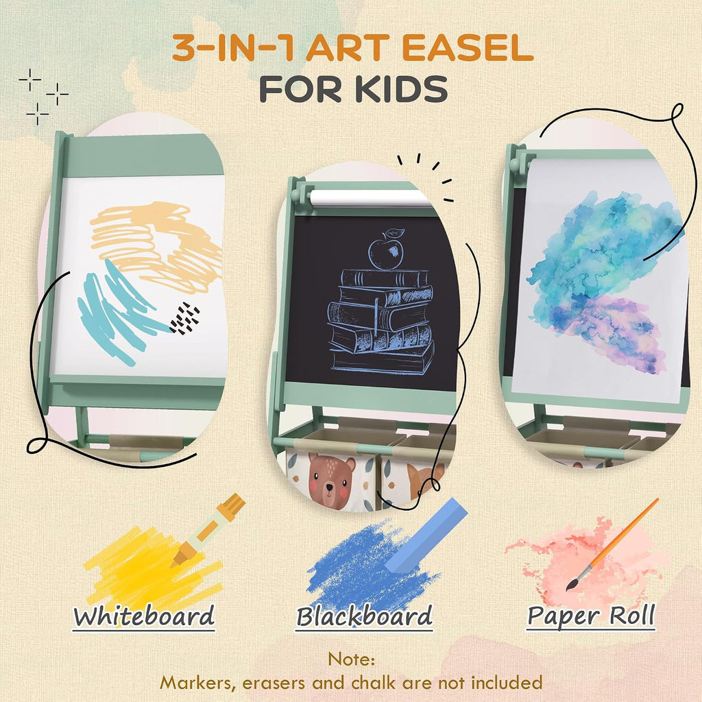 Art Easel for with Paper Roll, 3 in 1 Toddler Painting Easel with Blackboard, Whiteboard, Storage Baskets, Green LB862