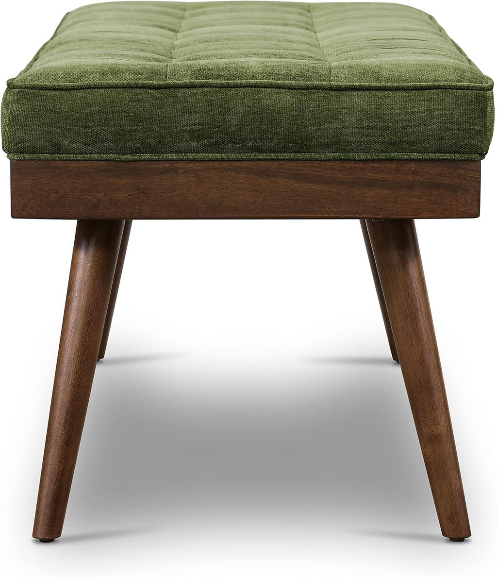 Poly & BARK Luca Fabric Bench – Tufted Upholstered Entryway or Bedroom Bench with Solid Wood Frame – Mid Century Inspired Seating in Fabric Green for Hallway, Living Room or End of Bed Use