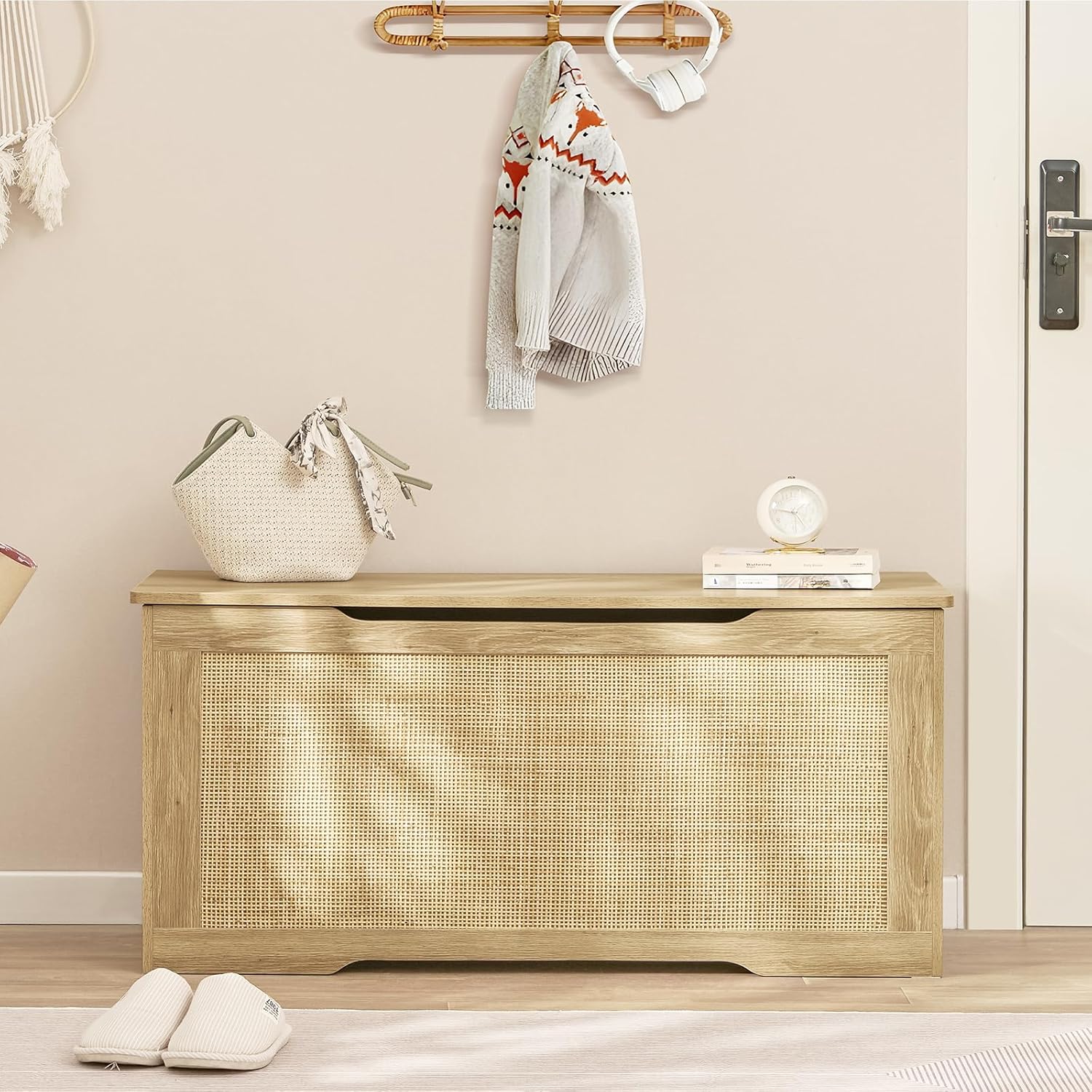 usikey 39.4” Storage Chest, Toy Box with 2 Safety Hinges, Toy Chest for Bedroom, Storage Bench with Storage, Shoe Bench, Supports 220 lb, for Living Room, Entryway, Natural