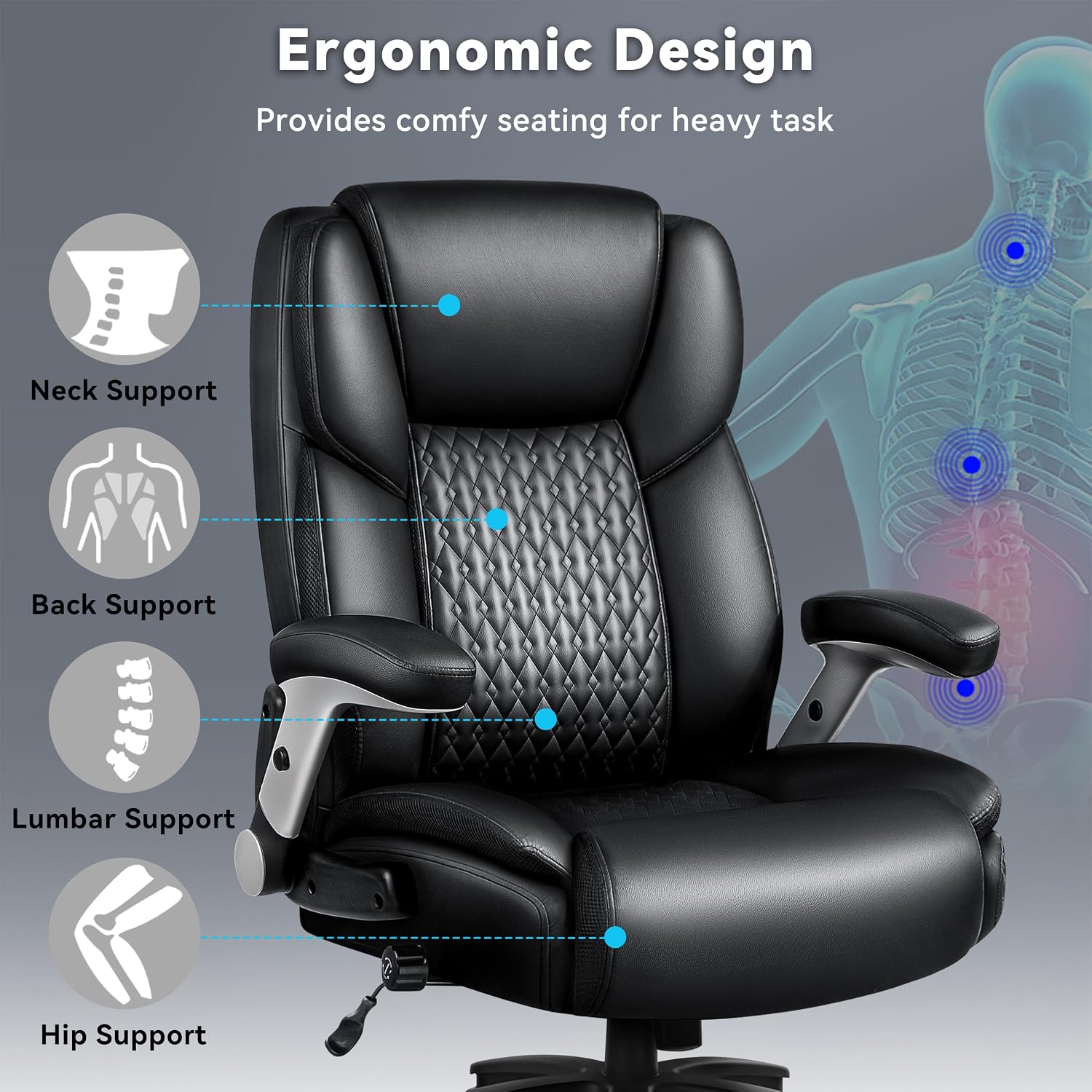 Big and Tall Office Chair 600LBS, Heavy Duty Office Chair for Heavy People, High Back Executive Office Leather Chair with Adjustable Armrests and Lumbar Support, Black Ergonomic Big Tall Chair