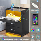 AOGLLATI LED Nightstands Set of 2 with Charging Stationand Glass Top | Black Night Stand with 2 Drawers, Bedside Table with Pull-Out Shelf, Modern End Side Tables with USB Ports Outlets