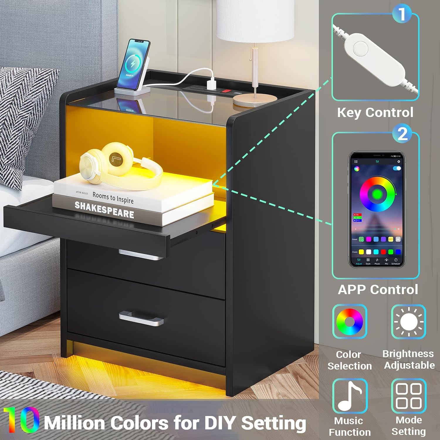 AOGLLATI LED Nightstands Set of 2 with Charging Stationand Glass Top | Black Night Stand with 2 Drawers, Bedside Table with Pull-Out Shelf, Modern End Side Tables with USB Ports Outlets