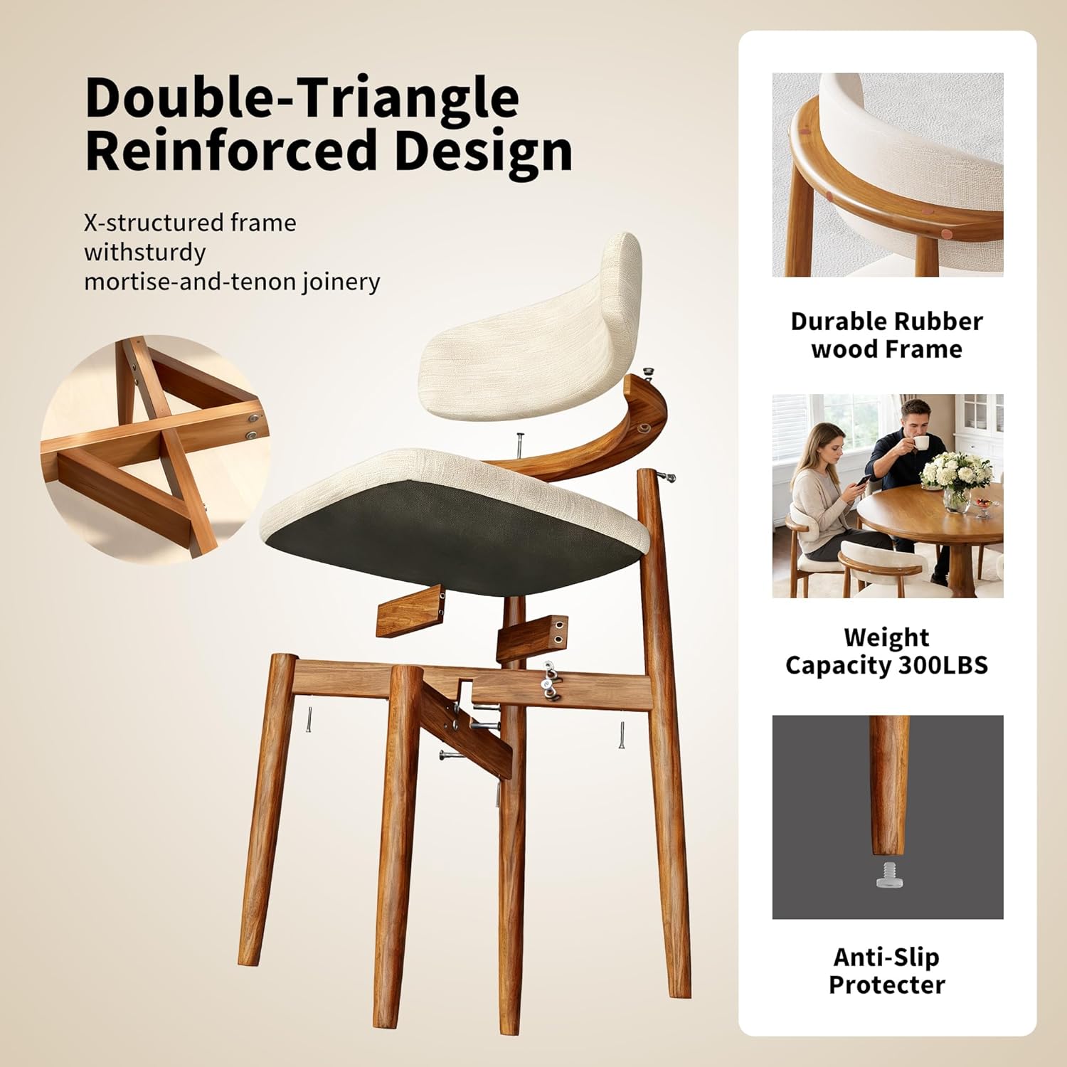 Wooden Dining Chairs Set of 4 Mid Century Modern Upholstered Farmhouse Dining Room Chair with Solid Wood Legs, Fabric Kitchen Side Chairs with Ergonomic Curved Backrest