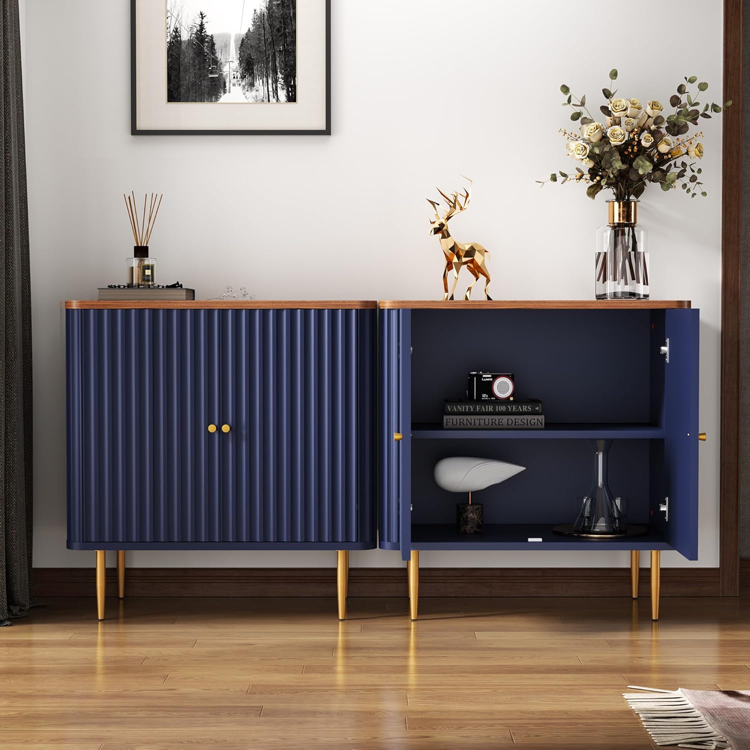 HLR Sideboard Buffet Cabinet with Fluted Texture, White Accent Cabinet with 2 Doors, Modern Credenza Storage for Kitchen Living Room, Entryway (Blue, 2Piece)