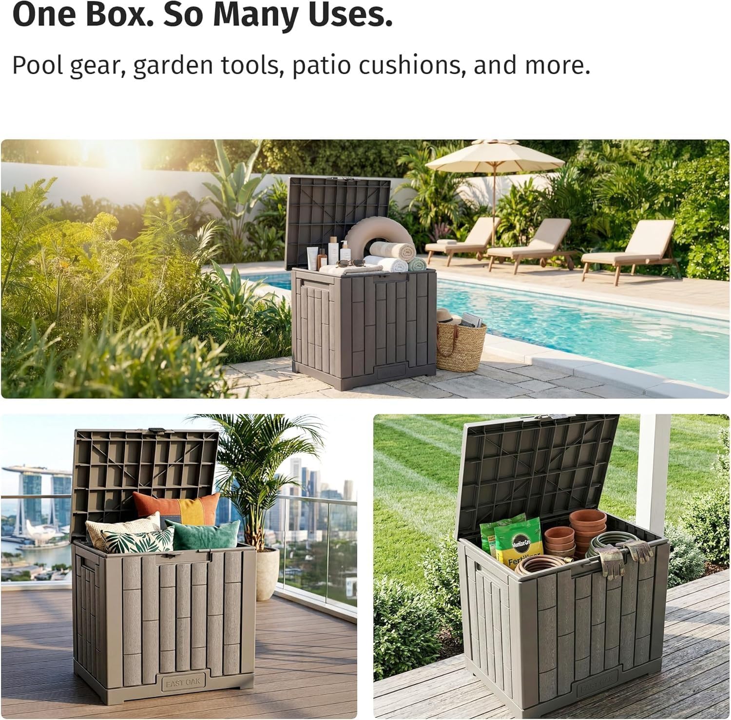 EAST OAK Outdoor Storage Box, 31 Gallon Deck Box for Patio Cushions, Pool Accessories & Garden Tools, Waterproof Resin Storage Container, Ash Grey