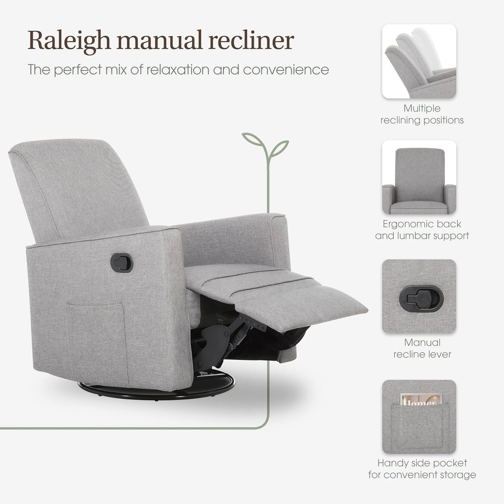 Evolur Raleigh Upholstered Manual Glider Recliner– Rocking & 360° Swivel with Smooth Glide – Greenguard Gold & FSC Certified – Modern Nursery and Living Room Chair in Light Grey