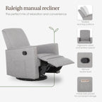Evolur Raleigh Upholstered Manual Glider Recliner– Rocking & 360° Swivel with Smooth Glide – Greenguard Gold & FSC Certified – Modern Nursery and Living Room Chair in Light Grey