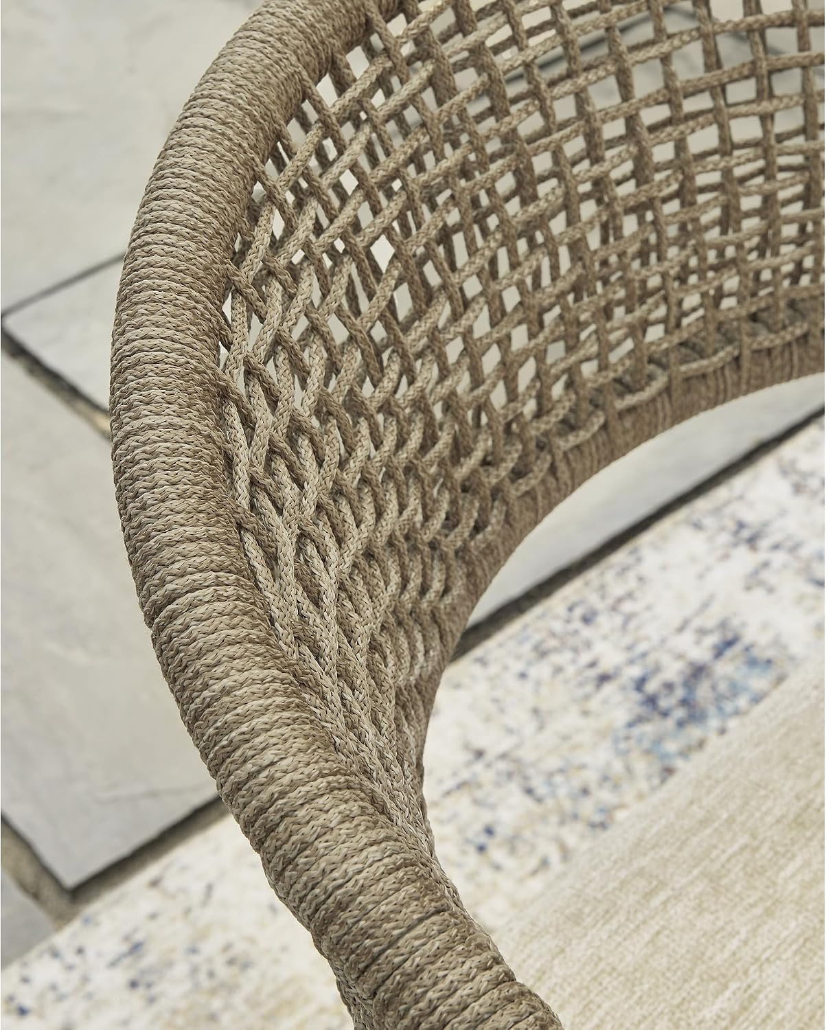 Signature Design by Ashley Ocean Park Set of 4 Outdoor Chairs with Cushions, Stackable, Rope Back, Powder Coated Aluminum Frame, Performance Fabric, Beige