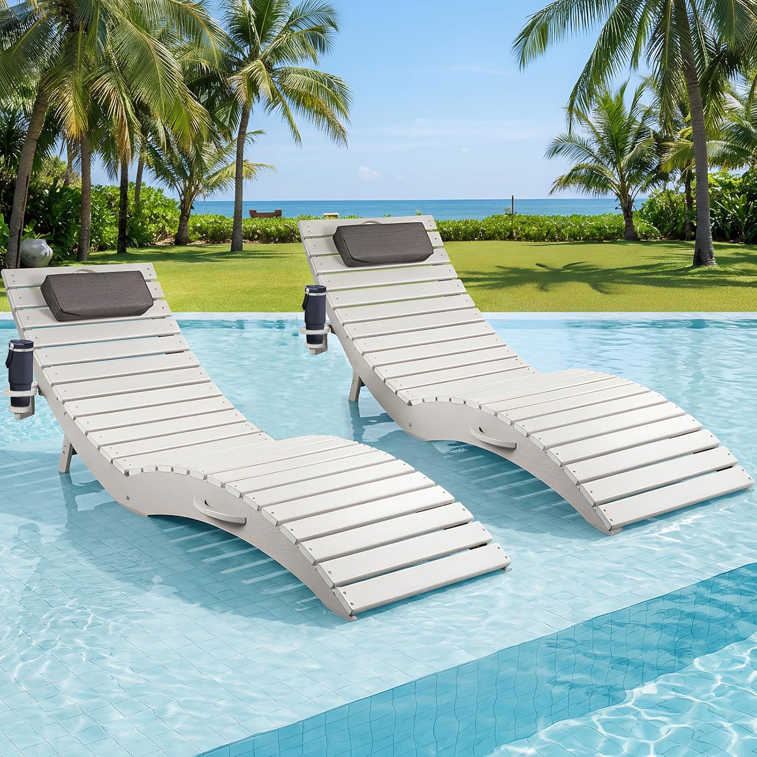 LETKIND Folding Pool Lounge Chairs Set of 2, Pre-Assembled HDPE Lounge Chair in-Pool Use, Patio Chaise Lounge Chair with Cup Holder Ideal for Hotel, Poolside, Beach & Sun Decks, White