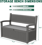 LHBcraft 70 Gallon Outdoor Storage Bench Deck Box Lockable for Patio Furniture, Outdoor Porch Bench with Storage Waterproof for Cushions, Garden Tools and Pool Supplies, Grey