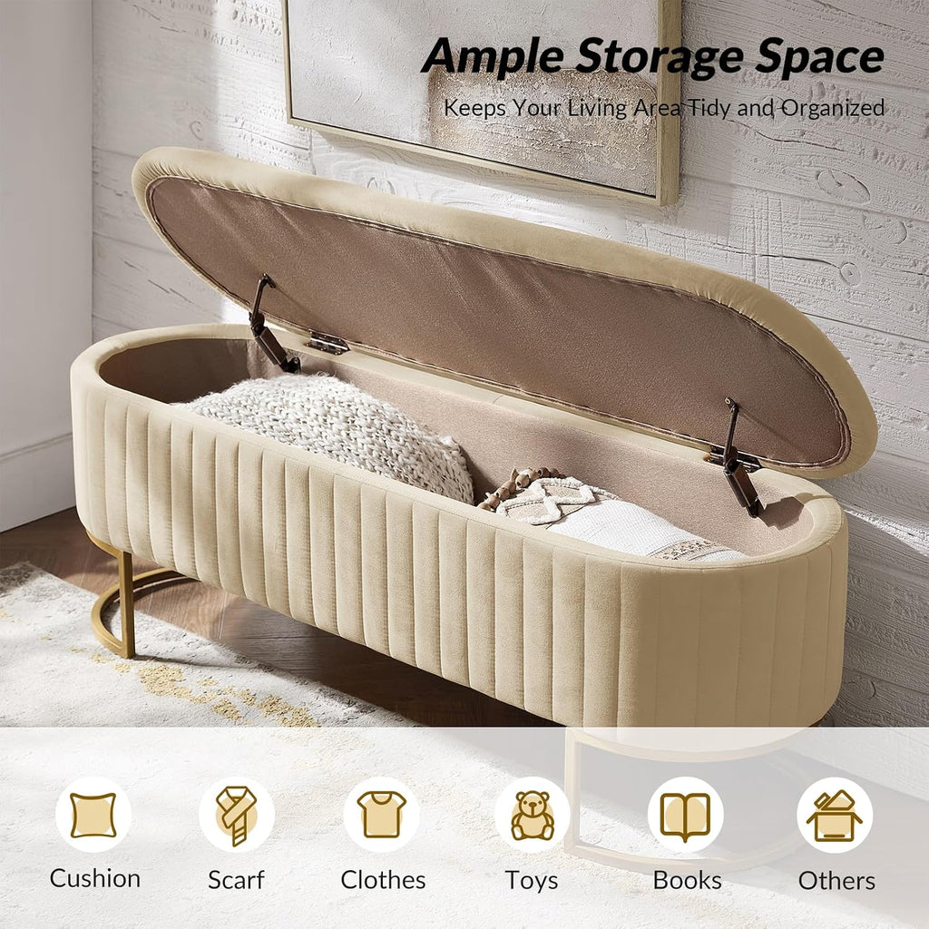 50.5” Velvet Storage Ottoman Bench with Gold-Toned Legs, Luxury Upholstered End of Bed Multi-Functional Footrest & Seat for Bedroom & Entryway