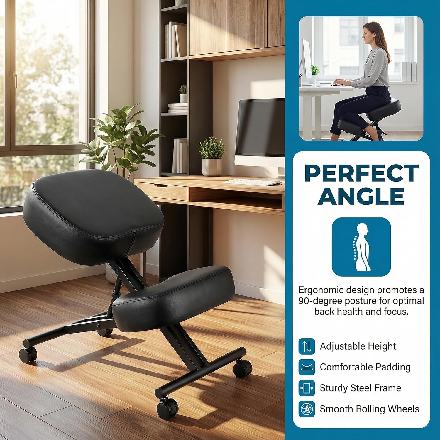 Ergonomic Office Kneeling Chair, Height Adjustable Stool with Thick Foam Cushions and Smooth Gliding Casters to Improve Posture and Relieve Pain, Multifunctional Design for Home and Office