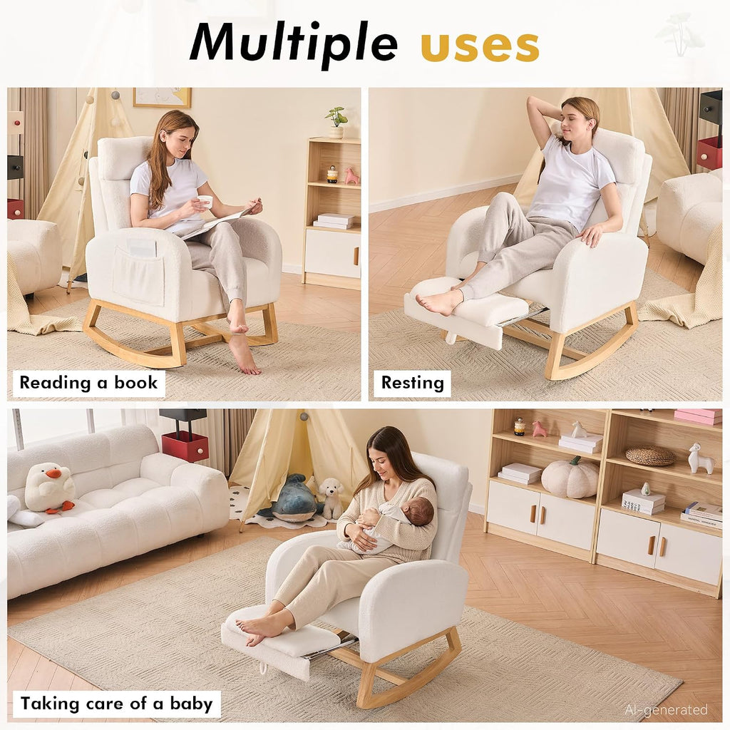 FOXHUNTER Rocking Chair for Nursery with Foot Rest Side Pocket Teddy, White | High Backrest,Headrest,Wooden Base Non-Slip Pads,Nursing Rocking Chair for Breastfeeding,Baby Bedroom,Living Room