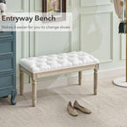 LOULENS French Vintage Bench, Linen Fabric Entryway Bench, Upholstered Tufted End of Bed Bench with Brushed Wood Legs, White