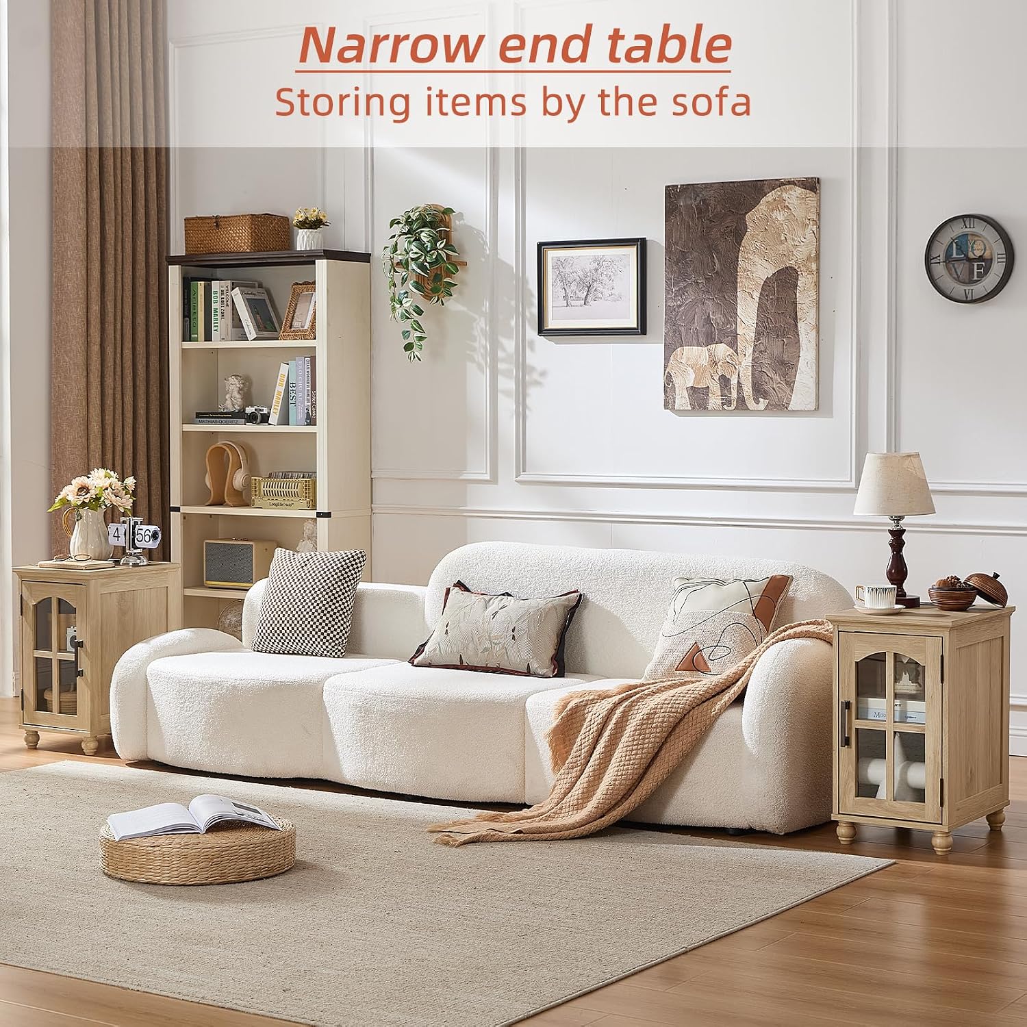 RWYHG Narrow Side Table, Farmhouse Nightstand with Charging Station | End Tables with Glass Barn Door, Cabinet Organizer with Adjustable Shelf, Night Stand for Small Spaces Living Room Bedroom