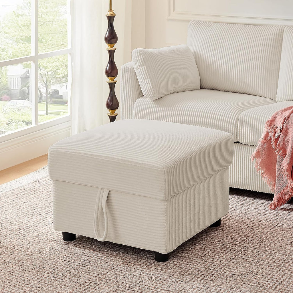 Corduroy Storage Ottoman for Living Room Sofas Couches, Square Ottoman with Storage Space Foot Rest Stool for Apartment, Dorm, Entryway, Beige