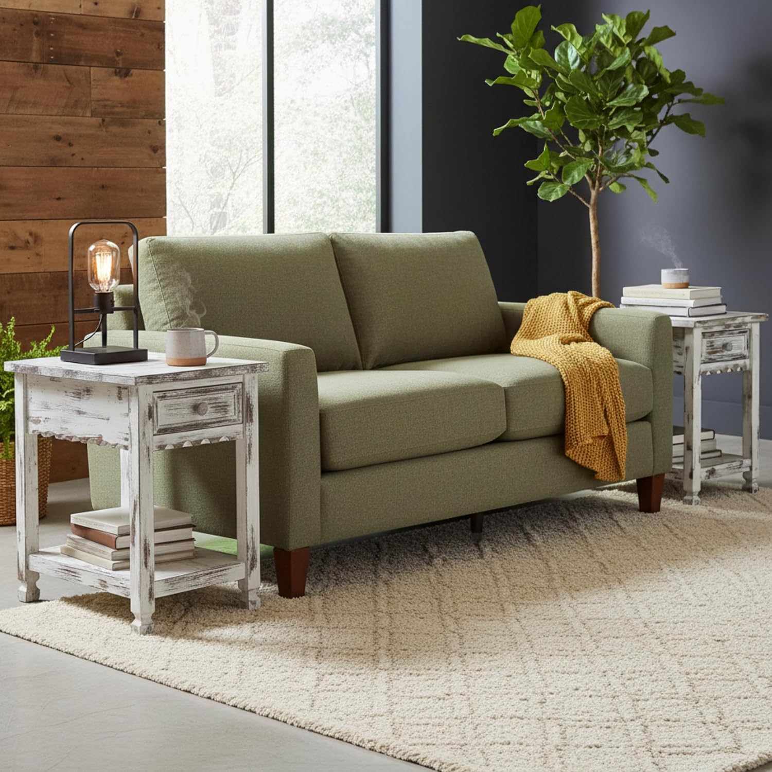 Alaterre Furniture Country Cottage Chairside End Table Set of 2 – Narrow Rustic Farmhouse Side Table with Drawer & Lower Shelf for Living Room or Bedroom (Distressed White Finish)