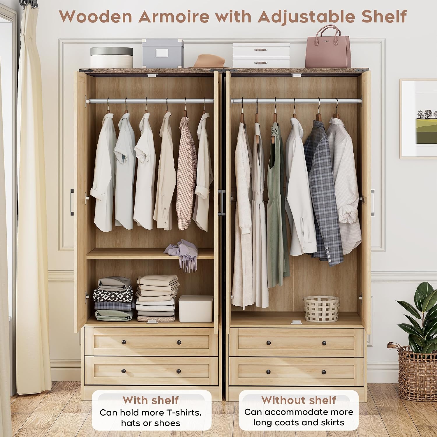 Brafab 2 Doors Wooden Armoire Wardrobe Closet with 2 Drawers, Natural | 2 Modern Doors, Freestanding, with Drawers and Hanging Rail, Wooden Storage Cabinet with Shelf, for Bedroom