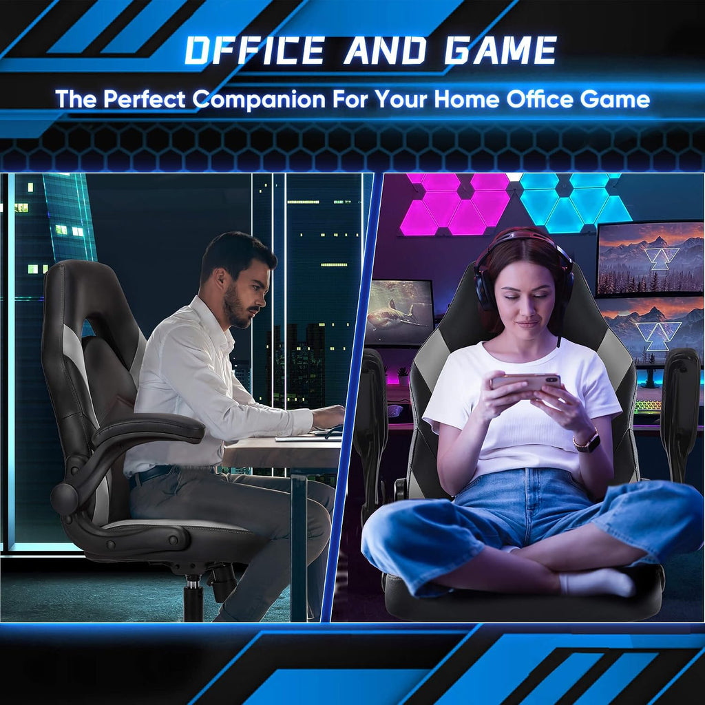 OLIXIS Computer Gaming Desk Chair - Ergonomic Video Game with Comfy Lumbar Support and headrest, PU Leather with Flip-up Arms, Adjustable Height and Swivel Wheels, for Adults, Dark Grey